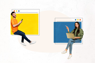 Aufkleber - Trend composite template 3D photo collage of team young man lady sit window web page hold laptop text box message chatting social media