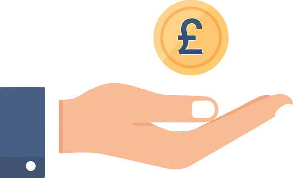 Hand offering golden pound coin illustration with reflection on light green