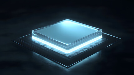 Poster - Illuminated Tech Abstract: An ethereal, glowing, cube-shaped platform is suspended against a dark background. It symbolizes innovation and cutting-edge technology.