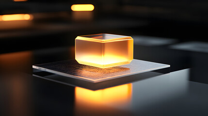 Poster - Golden Cube in a Dark Dimension: A luminous, golden cube rests on a sleek, transparent surface in a stark, dark environment, illuminated by the interplay of light and shadow.