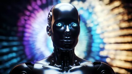 Futuristic robot woman in vibrant light tunnel