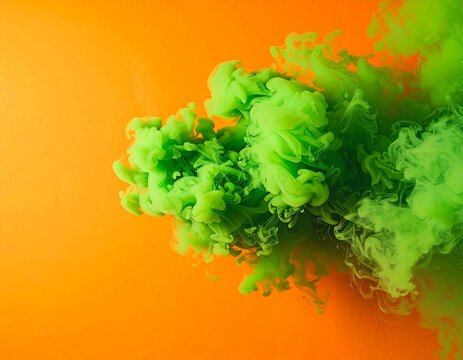Surreal Green Smoke Swirl on Orange Background with Artistic Texture