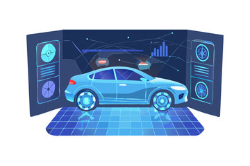 Poster - Futuristic blue car displayed on a digital platform with holographic interfaces isolated on transparent background isolated on white background