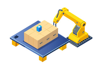 Poster - Industrial robotic arm assembling boxes on a platform with a blue cube on top isolated on transparent background isolated on white background