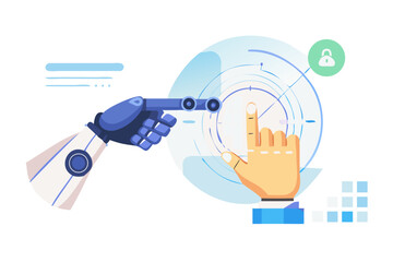 Poster - Robot and human hands interacting with futuristic interface for security and data analysis isolated on transparent background isolated on white background