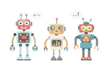 Poster - Three friendly cartoon robots communicating with speech bubbles isolated on transparent background isolated on white background