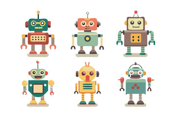 Poster - Collection of six diverse and colorful cartoon robots isolated on transparent background isolated on white background