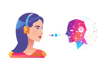 Poster - Woman with headphones communicating with an ai digital head and network isolated on transparent background isolated on white background