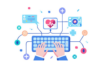 Poster - Hands typing on a keyboard connected to medical technology and healthcare data isolated on transparent background isolated on white background