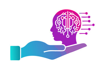 Poster - Abstract illustration of a hand holding a human head with a circuit board brain isolated on transparent background isolated on white background