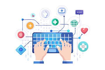 Poster - Hands typing on a keyboard with medical and technology icons isolated on transparent background isolated on white background
