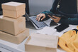 © ARMMY PICCA - Portrait of Starting small businesses SME owners, two Asian woman check online orders Selling products working with boxs freelance work at home office, sme business online small medium enterprise