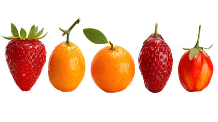 A vibrant assortment of fresh fruits including strawberries and oranges, displayed against a clean background, ideal for culinary use
