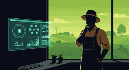 Poster - Modern Farming Farmer Analyzes Data Using Tech Analytics on Digital Interface
