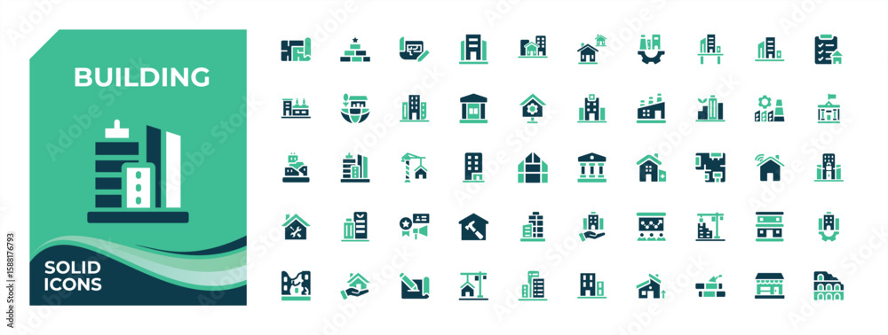 Building colorful vector solid icon set. Contains such icons as museum ...