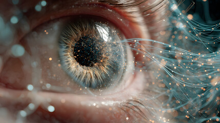 Poster - Eye of Innovation: A captivating close-up of an eye merges with intricate digital streams, portraying the fusion of human vision and technological advancement.