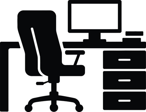 A black and white illustration of a desk with a computer and an office chair
