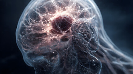 Poster - Brain Energy Burst:  A dramatic close-up of a translucent human head, revealing a vibrant energy core pulsating within the brain.