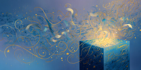 Poster - Unveiling Wonders: An abstract illustration shows a box with ethereal elements. An image to represent gift opening, the power of imagination, or the magic of surprise. 