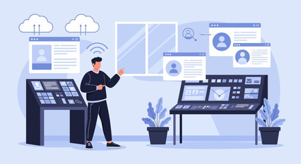 Poster - Young Man In Modern Office Presenting Data on a Digital Interface System