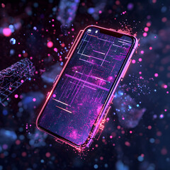 Poster - Digital Universe: A sleek smartphone illuminates a futuristic digital universe, surrounded by a mesmerizing cloud of data, symbols, and connections.