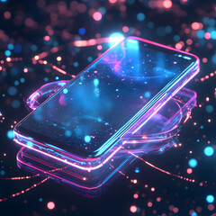 Poster - Digital Device: A sleek, glowing digital device rests on a wireless charger, illuminated by streams of light and bokeh, symbolizing the seamless connection of technology and data.