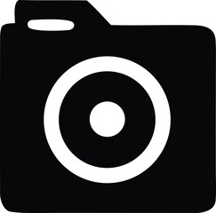 Poster - A simple black and white graphic icon representing a camera with a circular lens and a flash element at the top