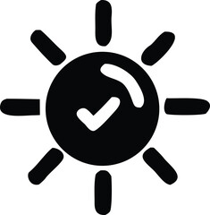 Poster - Stylized black sun icon with a white checkmark symbol inside its circular body representing approval or completion