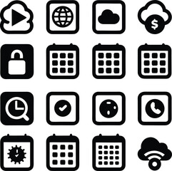 Poster - Collection of black and white digital icons representing various functions including media playback internet cloud storage finance security and scheduling
