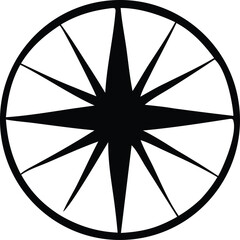 Poster - A stylized black and white compass rose graphic with a thick outer circle and sharp pointed rays emanating from the center