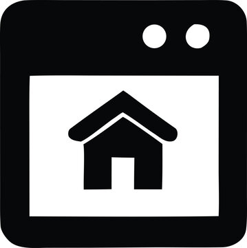 Stylized black and white icon representing a house on a computer screen or browser window with two circular buttons