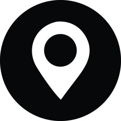 Poster - A minimalist black and white circular icon featuring a prominent white location pin symbol at its center signifying a point of interest or destination