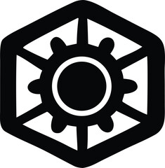 Poster - Geometric black hexagonal frame encasing a stylized gear or sun symbol with radial spokes and central circle
