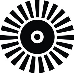 Poster - A stark black and white graphic depicts a stylized sun with a central circle and radiating rays symbolizing energy and illumination