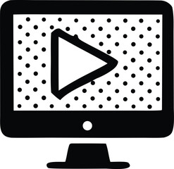 Fototapete - A simple black and white illustration of a computer monitor displaying a play button icon with a dotted background pattern