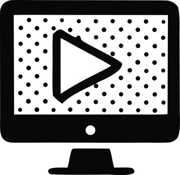 A simple black and white illustration of a computer monitor displaying a play button icon with a dotted background pattern