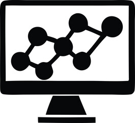 Fototapete - A stylized black and white icon depicting a computer monitor displaying a network graph with interconnected nodes and lines