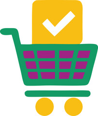 Poster - Green shopping cart with purple accents and a yellow box featuring a white checkmark indicating a successful purchase or order completion