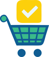 Poster - Stylized shopping cart icon with a green basket and blue frame featuring a yellow square with a white checkmark above