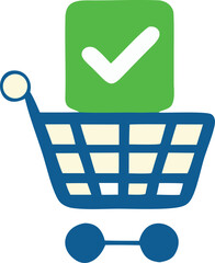 Poster - A blue shopping cart with a green square containing a white checkmark symbolizing a successful purchase or order completion