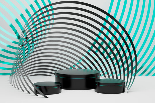 Set of three polish black round podiums, mesmerizing geometric metallic turquoise swirls, smooth curves on white. 3D rendering. Modern stage mockup for presentation product, showing cosmetic, display.