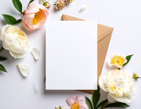 Blank note and card with flowers on wooden background