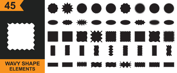 Aufkleber - Wavy circular, oval and rectangular, square shape elements.  Wavy edge shapes frame box. Scallop squiggly borders frame collection. Vector illustration . Isolated on white  background. EPS 10