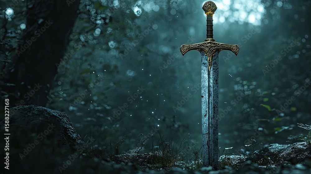 Medieval Sword Emitting Light in a Dark Fantasy Landscape for a Magical ...