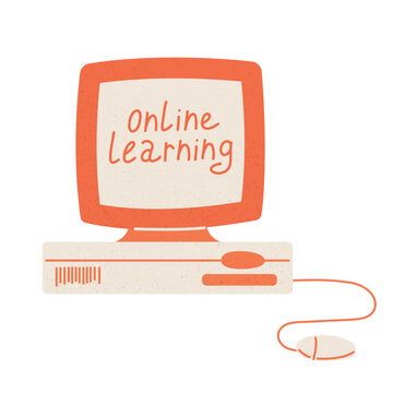 Online education, e-learning with PC concept. Vector shabby hand drawn illustration.
