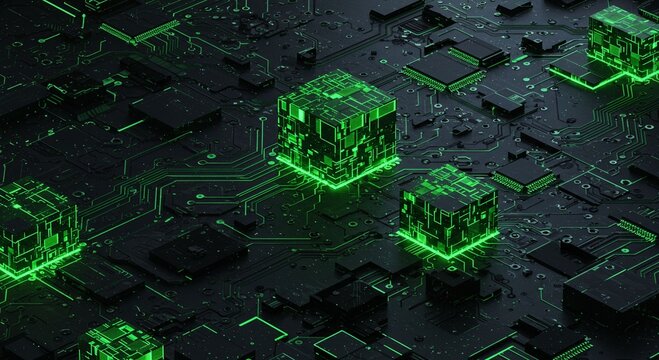 Abstract glowing cubes on circuit board