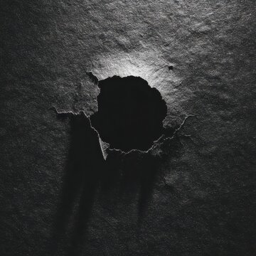 Dark textured surface with a circular hole and cracks