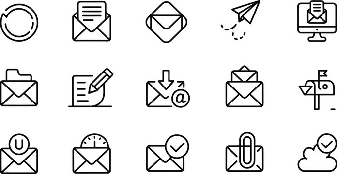 A collection of fifteen email and messaging related outline style icons