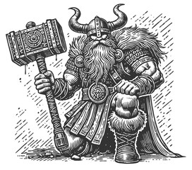 Wall Mural - viking warrior in horned helmet and armor, holding a massive ornate hammer with a strong stance sket