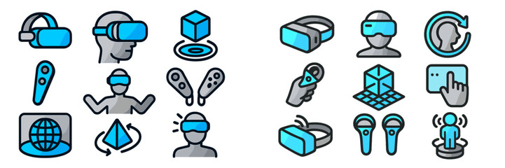 Poster - Collection of virtual reality icons and symbols illustrating user interaction and immersive technology experience